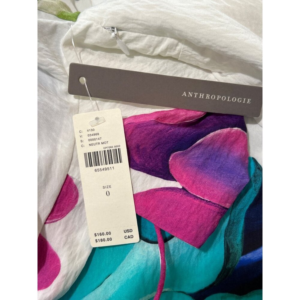Maeve Anthropologie Women Size 0 Dress Puff Sleeve White Purple Blue Floral NEW - Picture 4 of 10